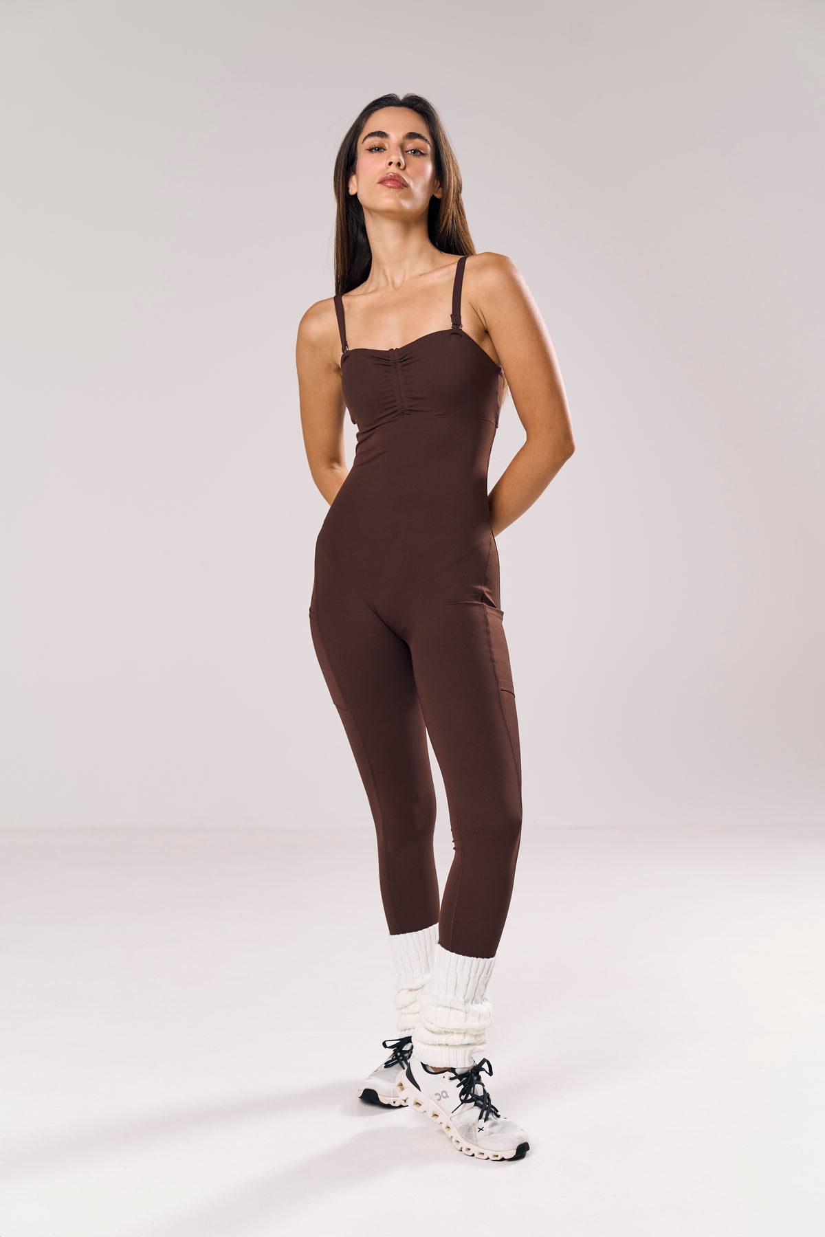 Minx Two-Way Sculpt Jumpsuit in chocolate — Skn² women's gym jumpsuit