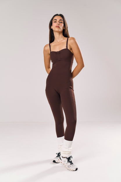 Minx Two-Way Sculpt Jumpsuit in chocolate — Skn² women's gym jumpsuit
