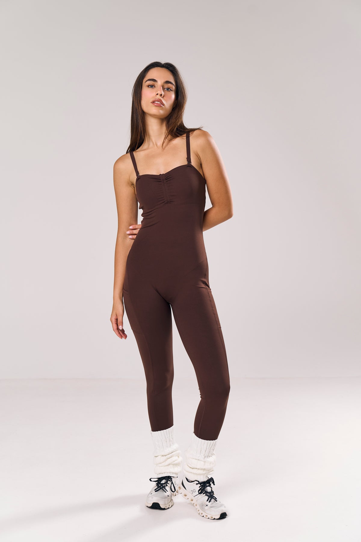 Minx Two-Way Sculpt Jumpsuit in chocolate — Skn² women's gym jumpsuit (view 3)