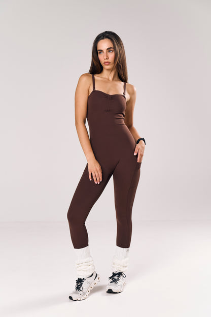 Minx Two-Way Sculpt Jumpsuit in chocolate — Skn² women's gym jumpsuit (view 2)