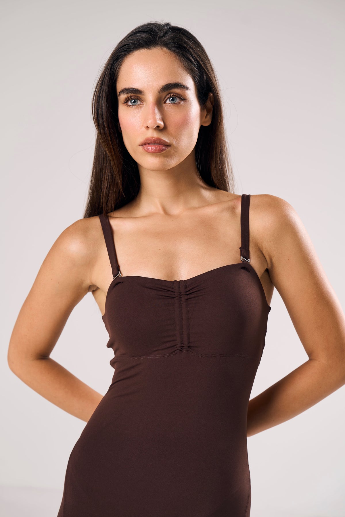 Minx Two-Way Sculpt Jumpsuit in chocolate — Skn² women's gym jumpsuit (view 10)