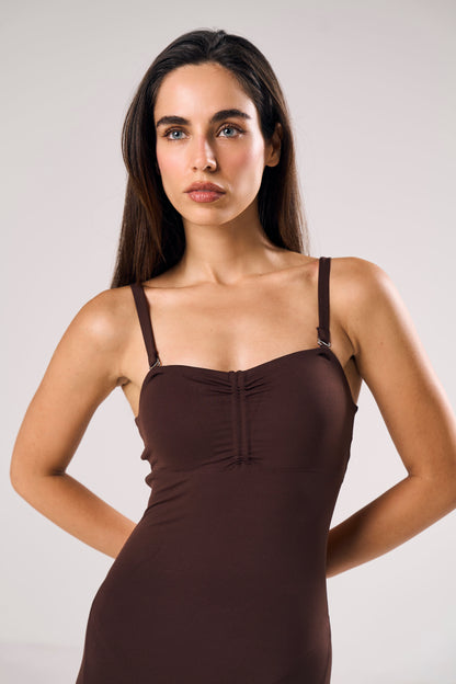 Minx Two-Way Sculpt Jumpsuit in chocolate — Skn² women's gym jumpsuit (view 10)