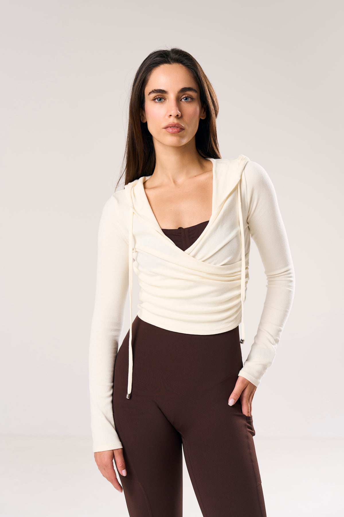 Siren Wrap-Front Crop Hoodie in off-white — Skn² women's cropped hoodie (view 2)