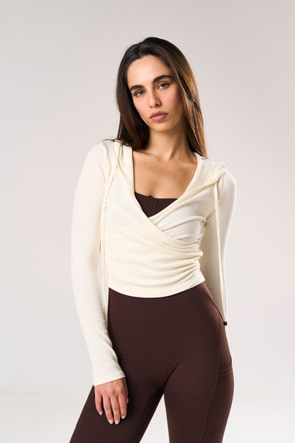 Siren Wrap-Front Crop Hoodie in off-white — Skn² women's cropped hoodie (view 3)