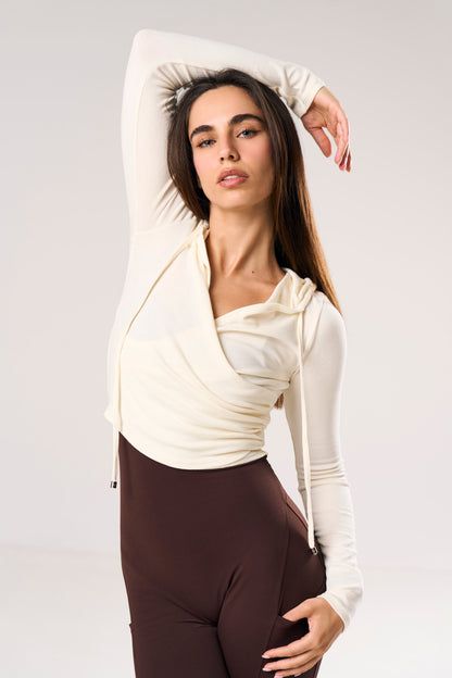 Siren Wrap-Front Crop Hoodie in off-white — Skn² women's cropped hoodie (view 7)